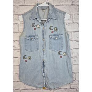 Vintage Jordache Celestial Denim Vest Womens Small Embroidered Sun Moon Star Y2K